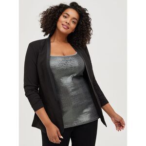 Torrid Studio Crepe Pu Trim Blazer Black Faux Leather Lapel Size 2